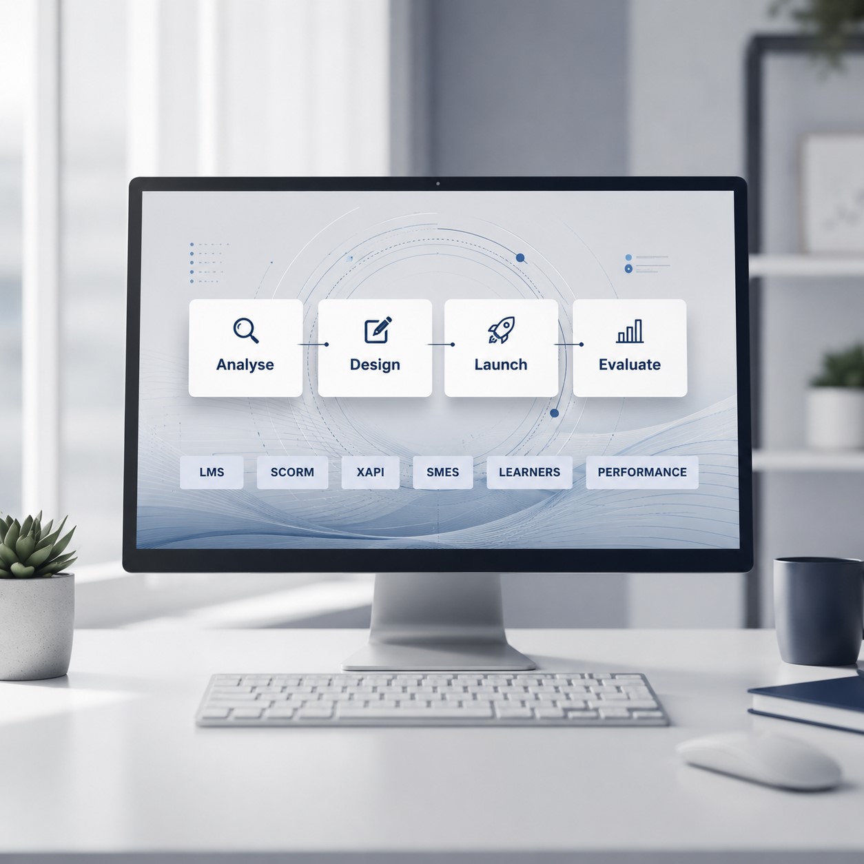 Modern workspace screen with structured education process overlays.